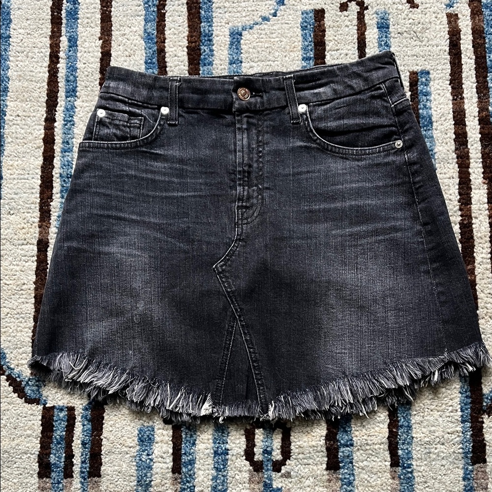 7 For All Mankind Black Washed Denim Mini Skirt with Frayed Hem